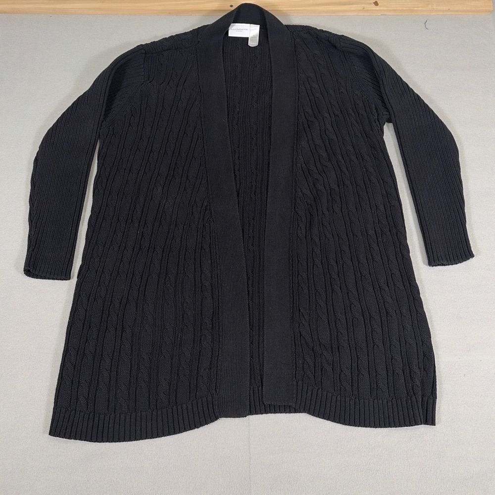 Liz Claiborne Lizsport Black Cable Knit Open Front Cardigan Sweater XL miss belt